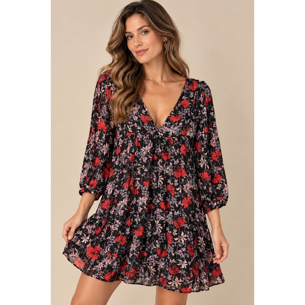 Ba&sh Womens Dress Large Black Red Floral Metallic Tiered Babydoll Mini